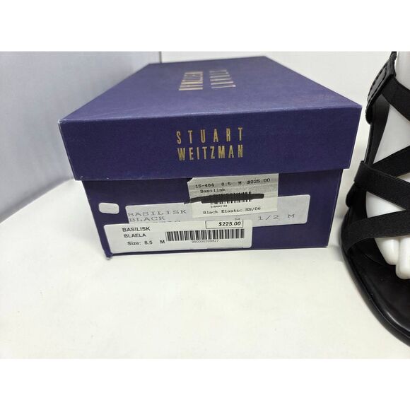 STUART WEITZMAN BLACK LEATHER ELASTIC STRAPPY BASILISK HEELED SANDAL SIZE 8.5M - Picture 3 of 9